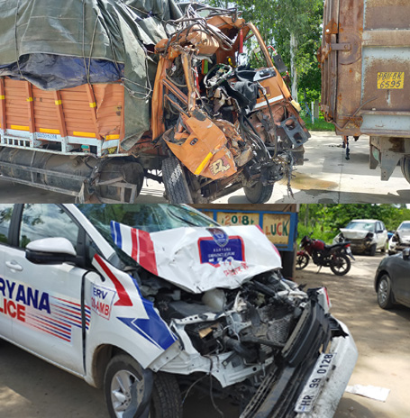 container truck and police vehicle accident