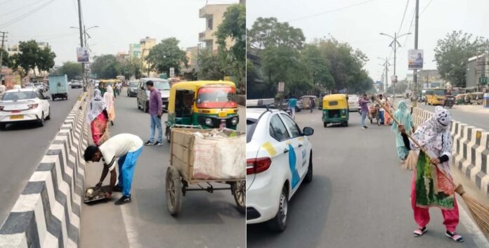 गुरुग्राम में सडकों पर सफाई करते नगर निगम गुरुग्राम के कर्मचारी।