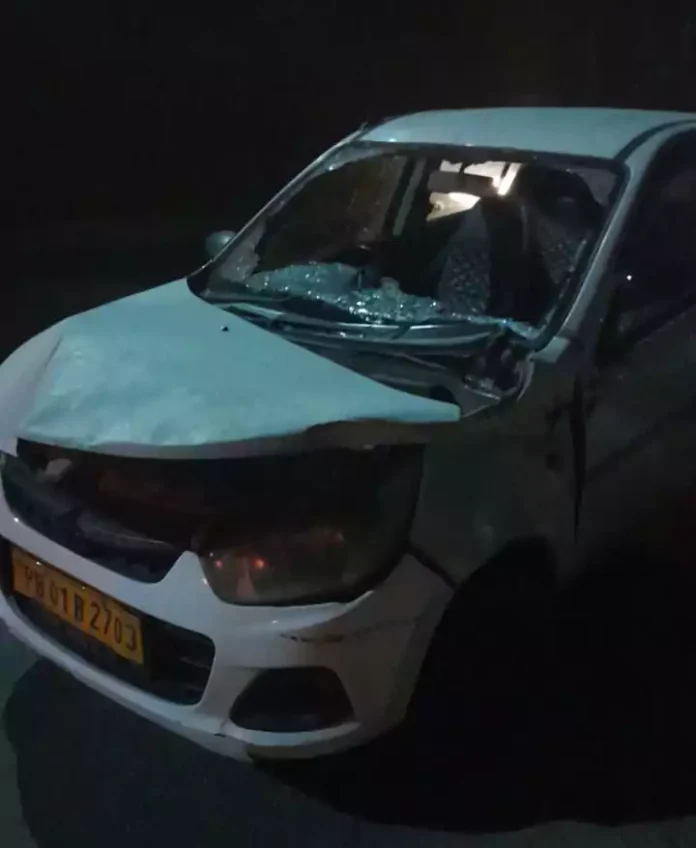 A collision between a Canter and an Alto car near Derabassi flyover, the car was badly damaged