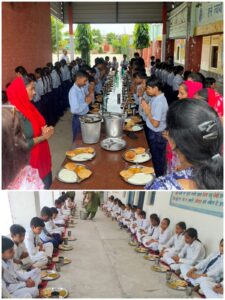 खाना खाते विद्यार्थी।