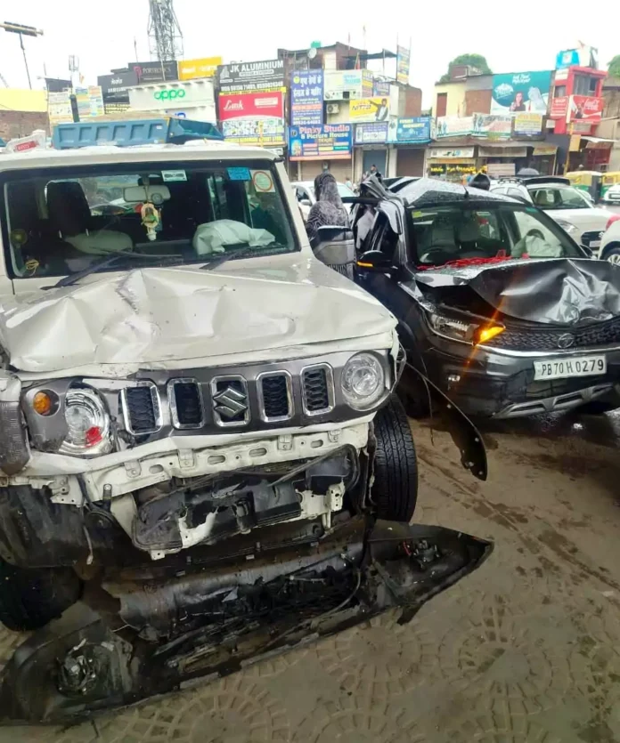 A speeding car hit two vehicles parked at Patiala light point, three injured