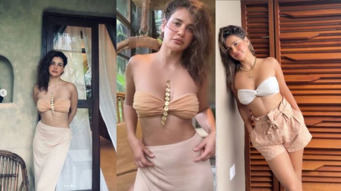 Actress Aisha Sharma Bikini Photos : स्ट्रैपलेस बिकिनी टॉप में आयशा शर्मा का बोल्ड अंदाज़, किलर पोज़ देख फैंस हुए दीवाने