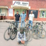 Four people arrested in separate cases, including a woman involved in chain-snatching; gold chains, 8 e-rickshaw batteries, 5 bicycles, and cables recovered.
