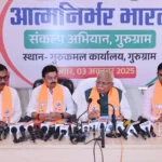 Union Minister Manohar Lal talking to reporters at the BJP office in Gurugram.