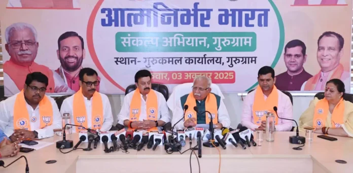 Union Minister Manohar Lal talking to reporters at the BJP office in Gurugram.