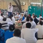 Multipurpose health workers staged a protest and chanted slogans to press their demands.