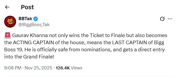 Bigg Boss 19: ‘टिकट टू फिनाले’ जीतकर ये कंटेस्टेंट बना पहला फाइनलिस्ट, मिली कैप्टेंसी भी