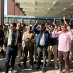 Roadways employees demonstrated at the bus stand.